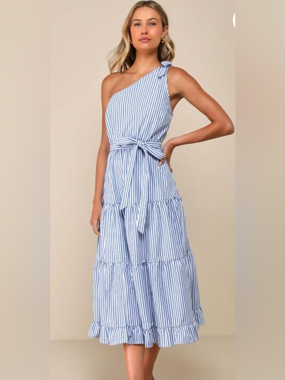 Lulus One-Shoulder Blue & White Striped Midi Dress
